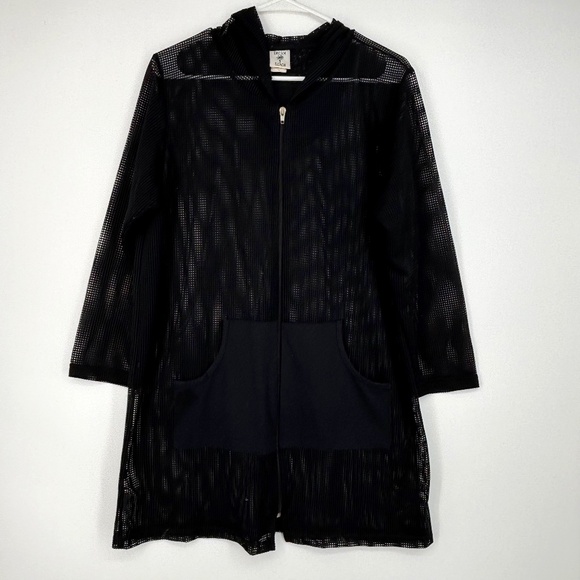 Dream Beach Womens Large Zip Front Swim Suit Beach Cover Up Black Mesh Hooded LS - Picture 1 of 8